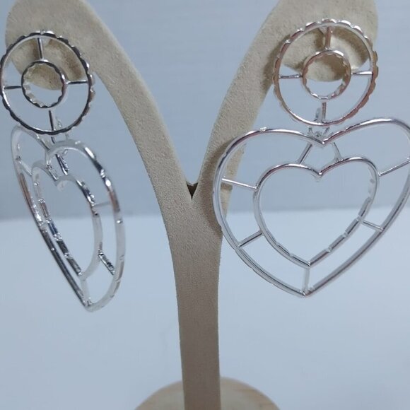 5/$25 Dangle Heart Earrings Silver Tone Large Modernist Boho Pierced 2.5" - Picture 4 of 6